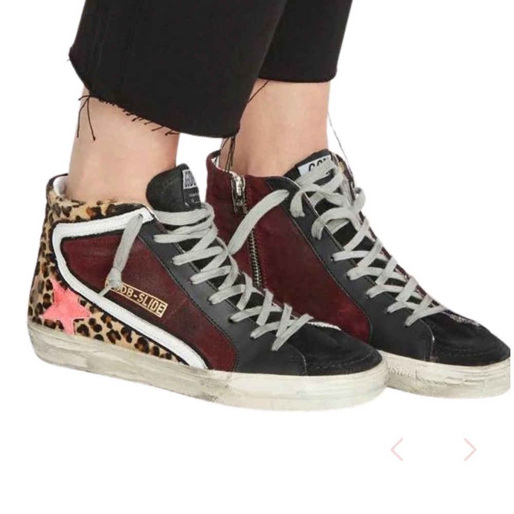 Golden Goose Leather Suede Leopard High Top Sneakers